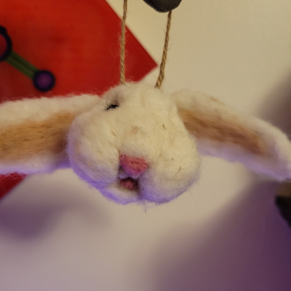 Handmade Needle Felted Wool Bunny Hanging Ornament - White and Pink